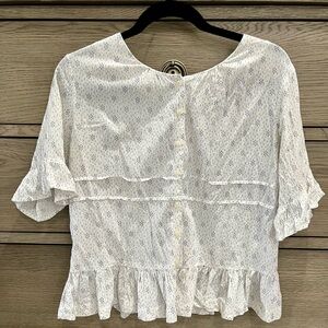 NWOT Birds of Paradis by Trovata White & Blue Cotton Peasant Top, Flowy Medium